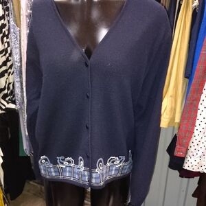 Pendleton Navy Cardigan with Embroidered Hem